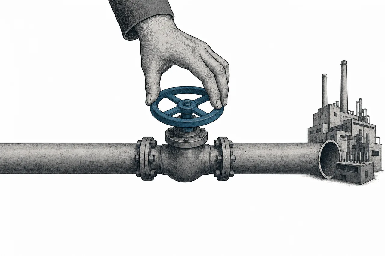 A single pipe carrying a vital fluid, with a large valve in the middle that a hand is about to turn to shut off. At the far end of the pipe, a chip plant waits