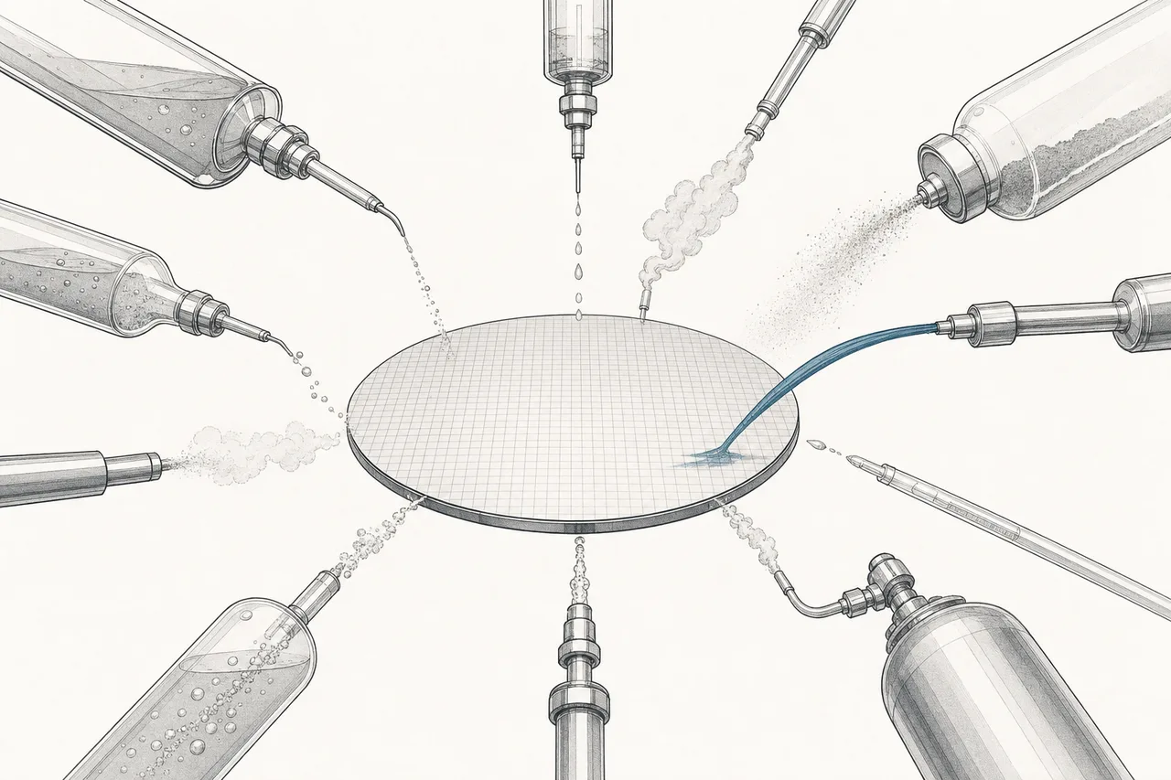 A giant circular silicon wafer floating in the center, with various pipes and vessels feeding liquids, gases, and powders toward it from every direction