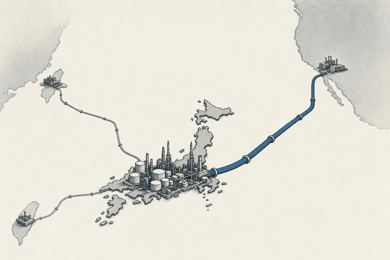 The islands of Japan with many pipes reaching out to chip plants around the world, like a heart pumping a vital fluid to every part