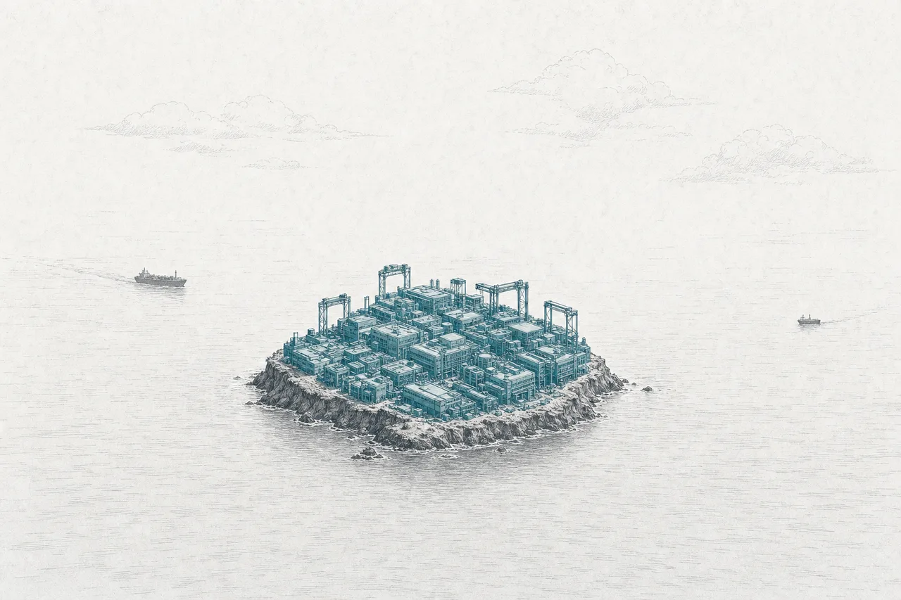 Many packaging factories clustered on one small island in a wide sea, conveying the fragility of concentration