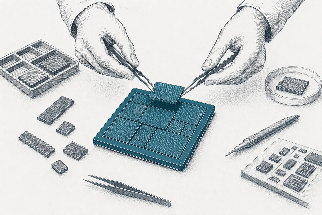 A worker carefully placing many small parts onto a single base plate, building them up into one large chip block