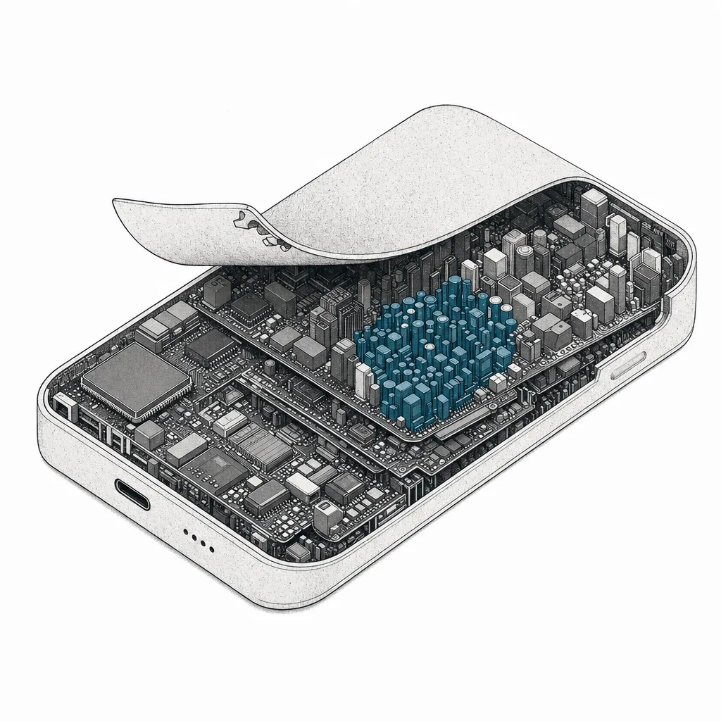 An ordinary device cut open to reveal the inside packed with thousands of tiny parts like a miniature city