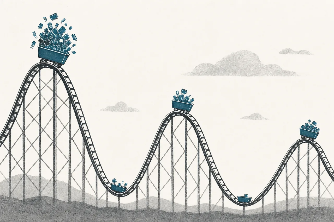A wave-shaped boom-bust roller-coaster track with cars carrying electronic parts climbing to the peak and plunging into the trough