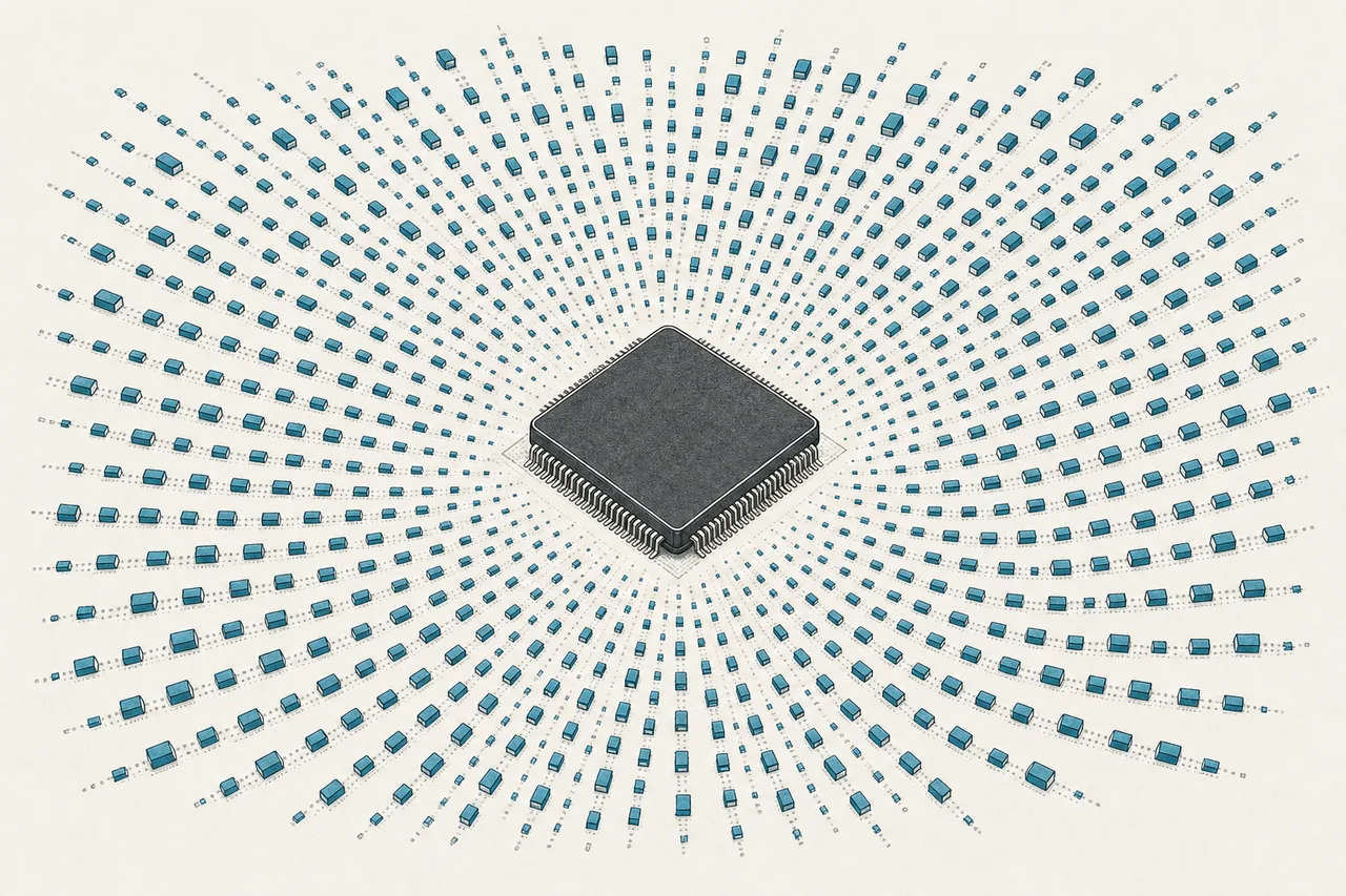 A single AI chip in the center, ringed by thousands of tiny parts like an invisible support army