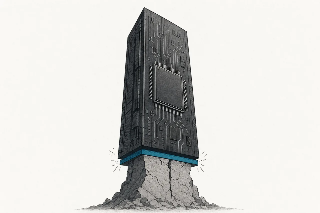 A large AI chip tower standing on a thin substrate that is the key load-bearing point and the most fragile