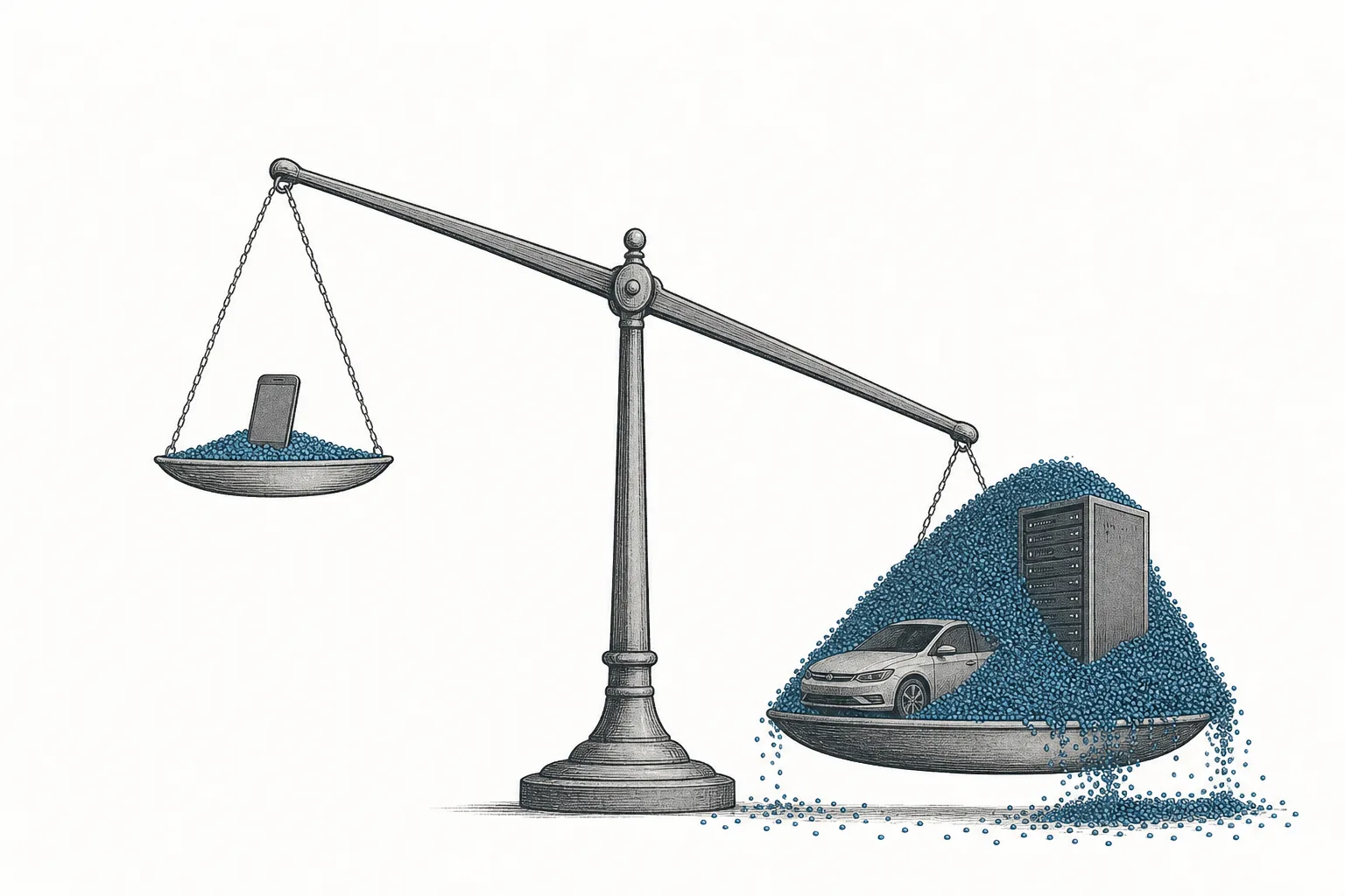 An old balance scale: one pan holds a single smartphone, the other holds a car and a server rack that need many times more capacitors, representing the rising hunger for passive components as devices grow.