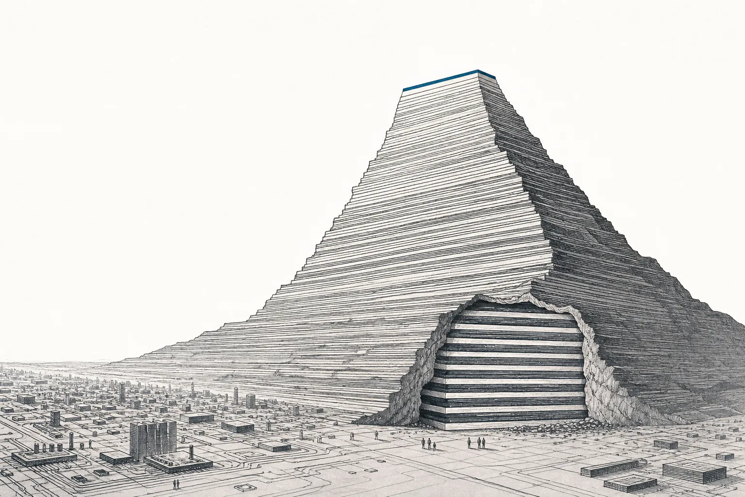 A massive mountain that, up close, turns out to be hundreds of layers of thin ceramic interleaved with metal sheets, representing the tiny capacitors that hold up the world's electronics.