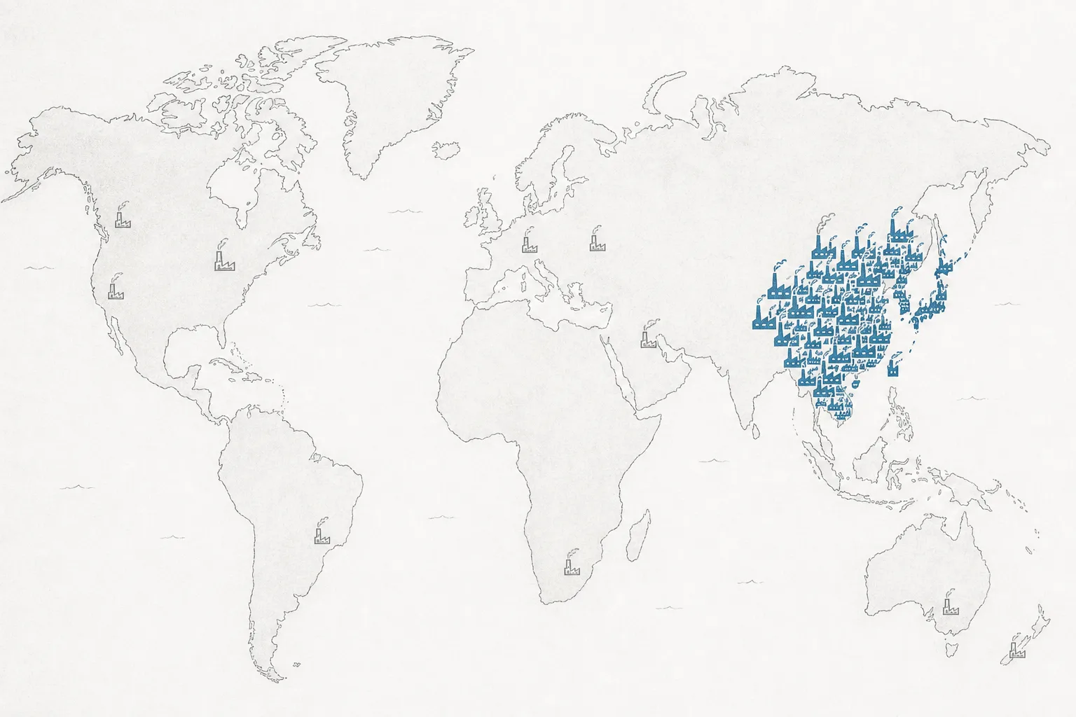 Map of East Asia with small factories clustered densely around Taiwan, southern China, and Japan, while the rest of the world is almost empty, conveying the concentration of PCB production.
