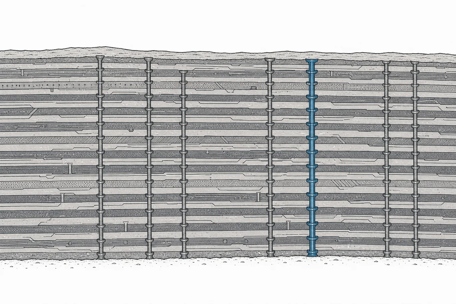 Cross-section of a multi-layer board stacked like underground rock strata, with small copper pillars connecting each layer and threading up to the chip above, conveying signals connected across more than a dozen layers.