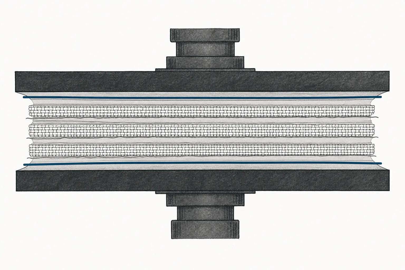 A PCB base material is built up one layer at a time. Resin-soaked glass fabric is pressed between two sides of thin copper foil, revealing the neatly stacked cross-section of the material layers.