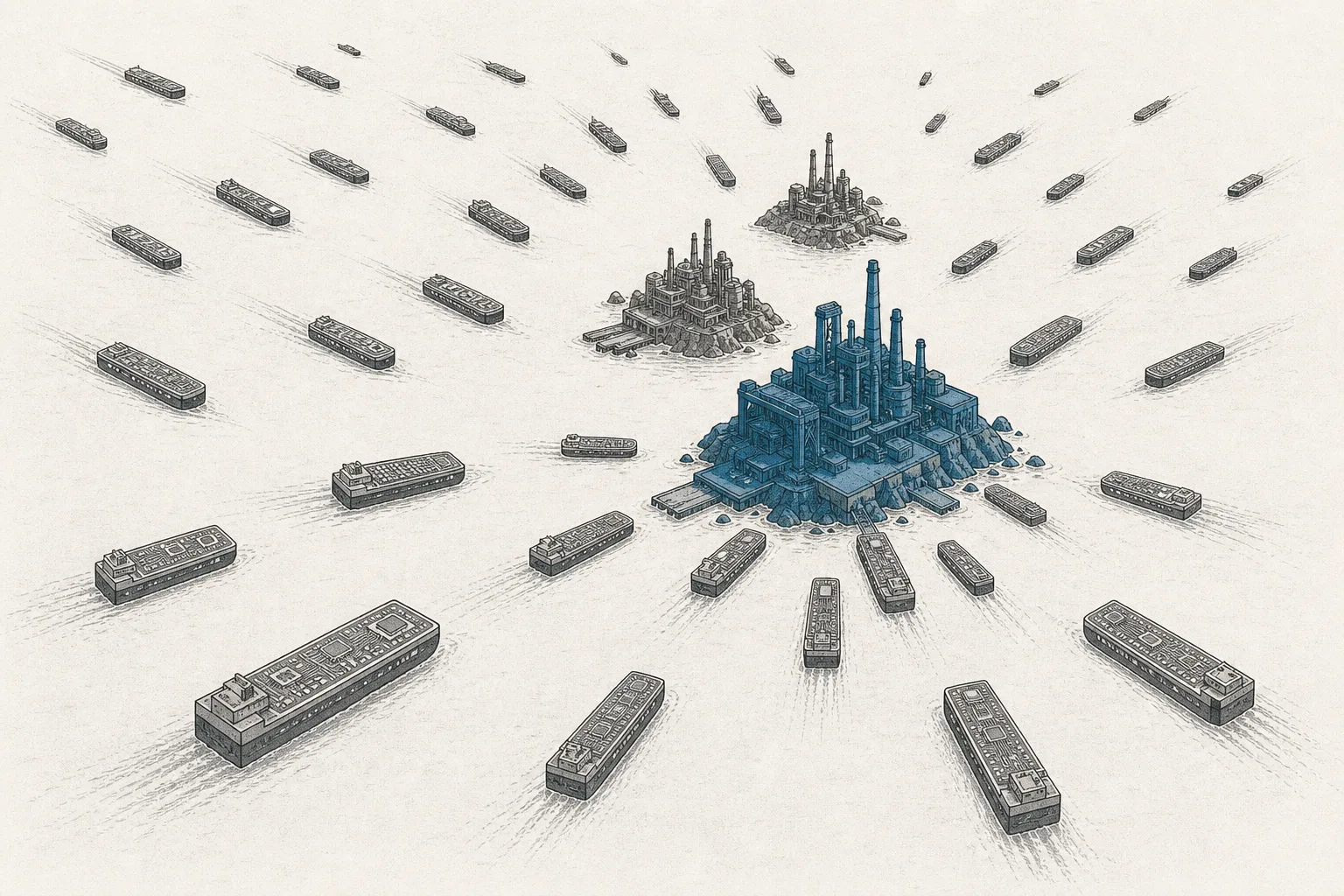 A few industrial islands that produce high-speed base material sit clustered in a single region, while a great many ships loaded with AI chips sail in to collect material from those islands.