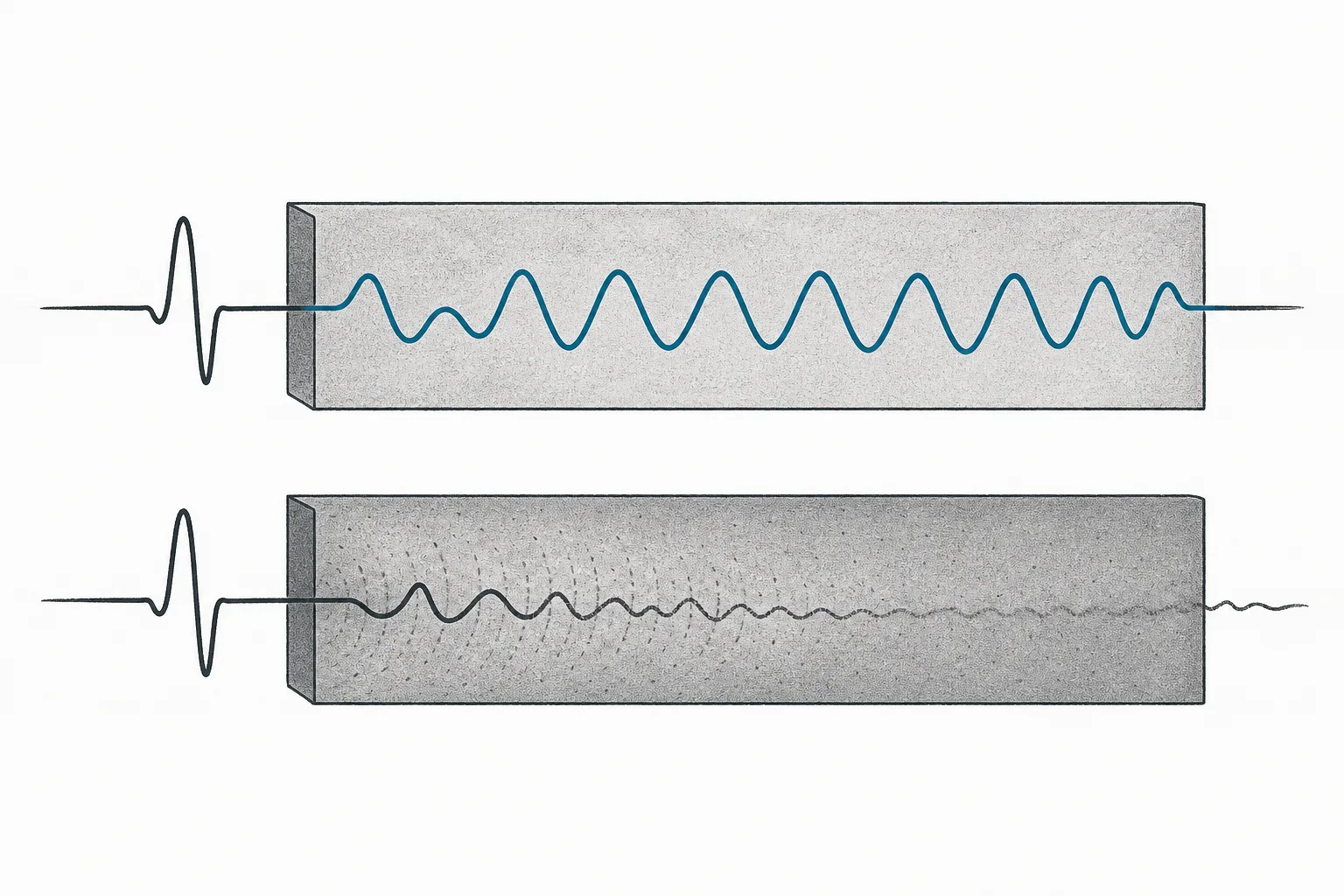 A high-speed electrical signal runs through two kinds of base material. On one side it travels clear and sharp; on the other it slowly fades into the body of the material, conveying the importance of low-loss material.