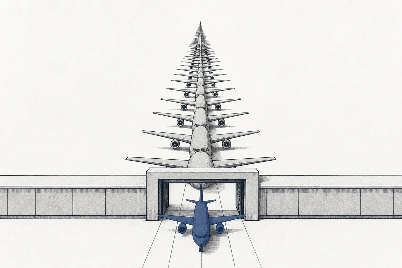 A long queue of ordered aircraft stretching to the horizon, waiting to come out of a factory that can only build a few at a time.