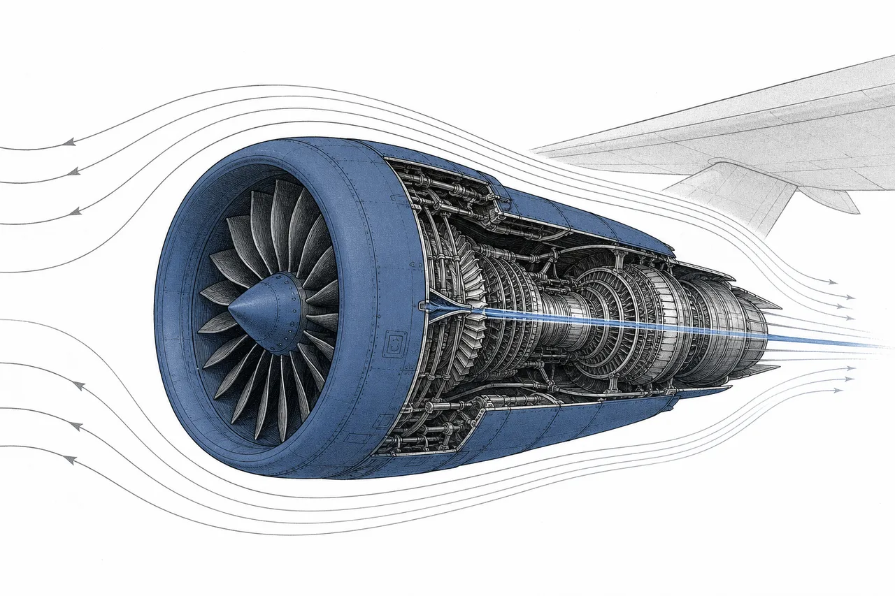 A massive jet engine floats prominently in the center of the frame, with airflow streaming through it in lines, the engine itself glowing in a single color against a plain background.