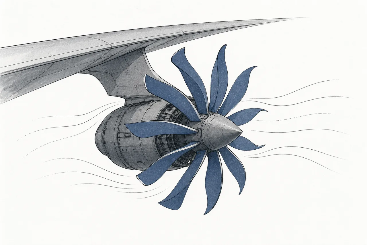 A future-generation bare-blade engine, with no cowling around the blades, attached to an aircraft, the blades glowing in a prominent color.