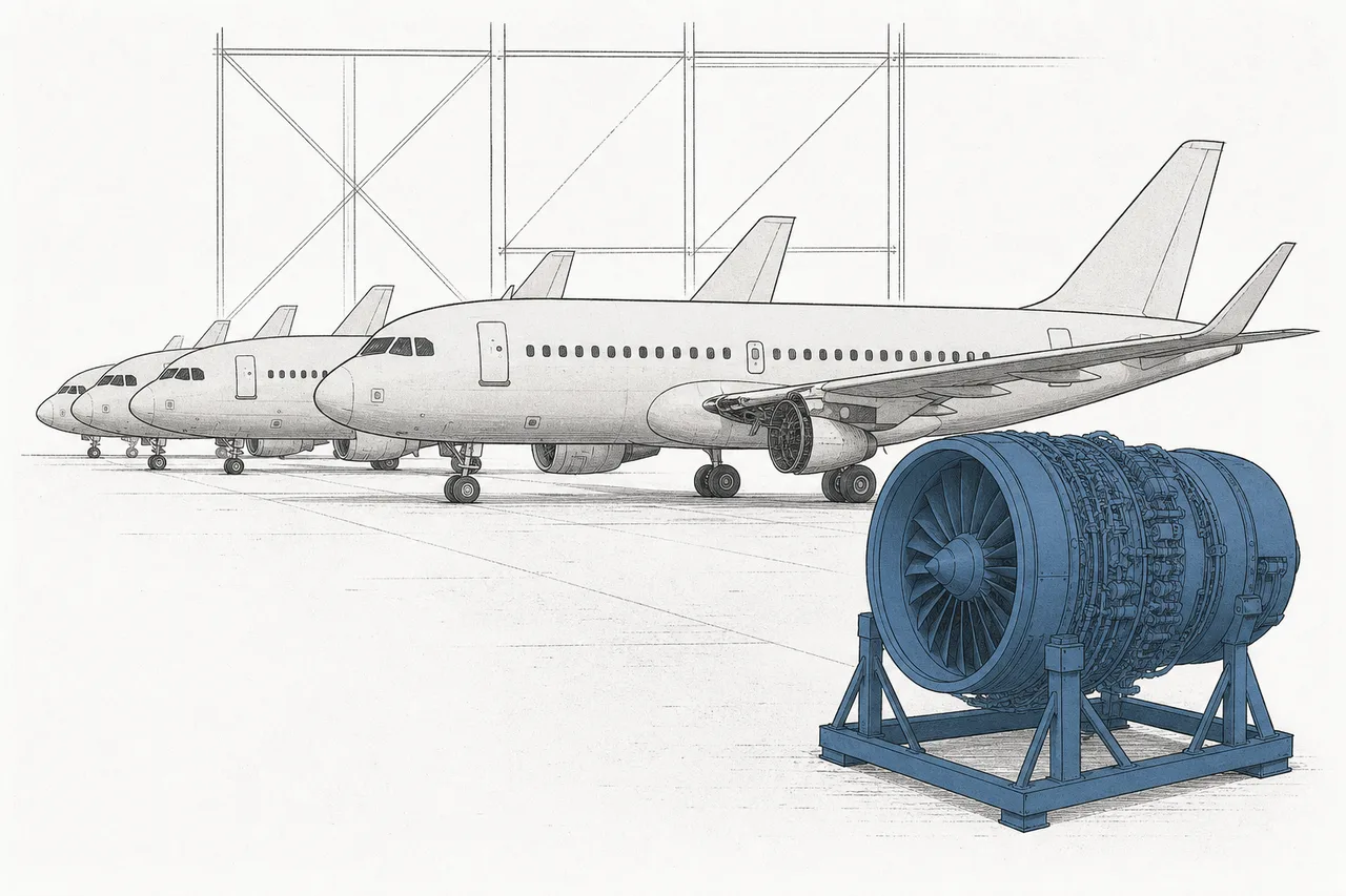 Many aircraft sit grounded in rows inside a repair hangar, waiting their turn to have engines pulled for inspection, with the removed engines glowing in a prominent color.