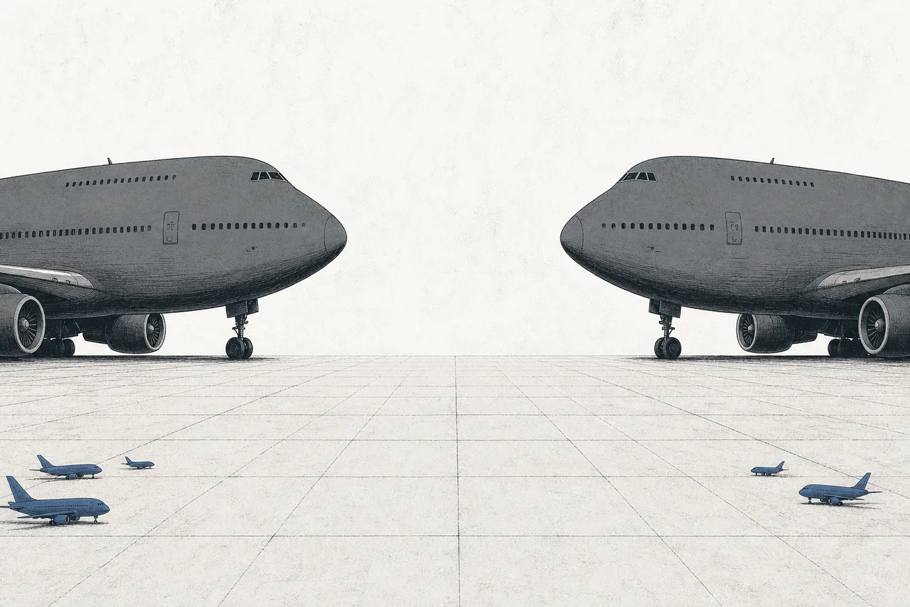 Two giant aircraft face each other like two superpowers, while a small challenger inches in from the edge of the frame