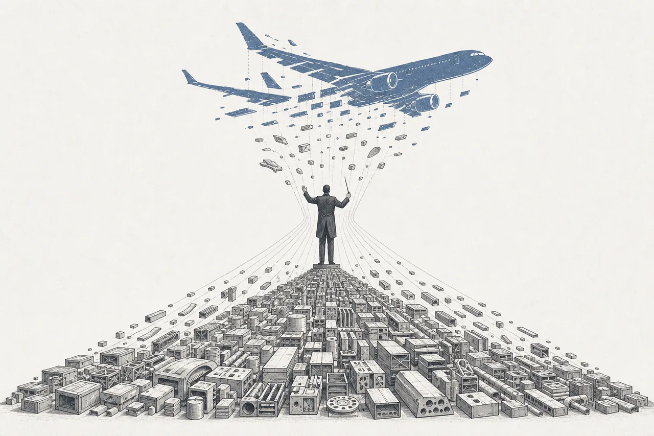 The company that assembles aircraft stands at the top of a pyramid of thousands of suppliers, receiving parts flowing upward and assembling them into a single airplane