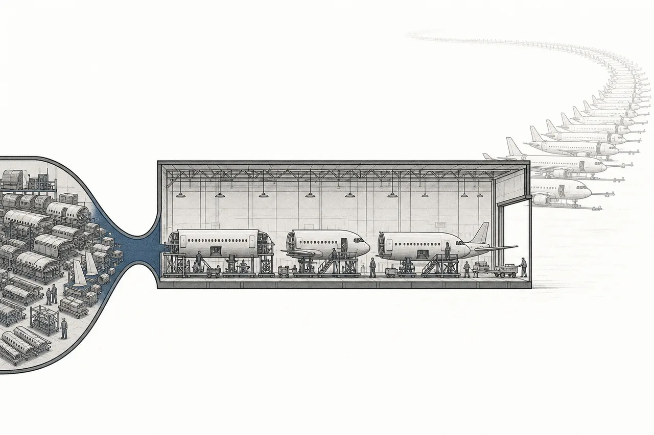 An aircraft assembly line trying to ramp up production, but bottlenecked at the point where parts feed in slower than demand