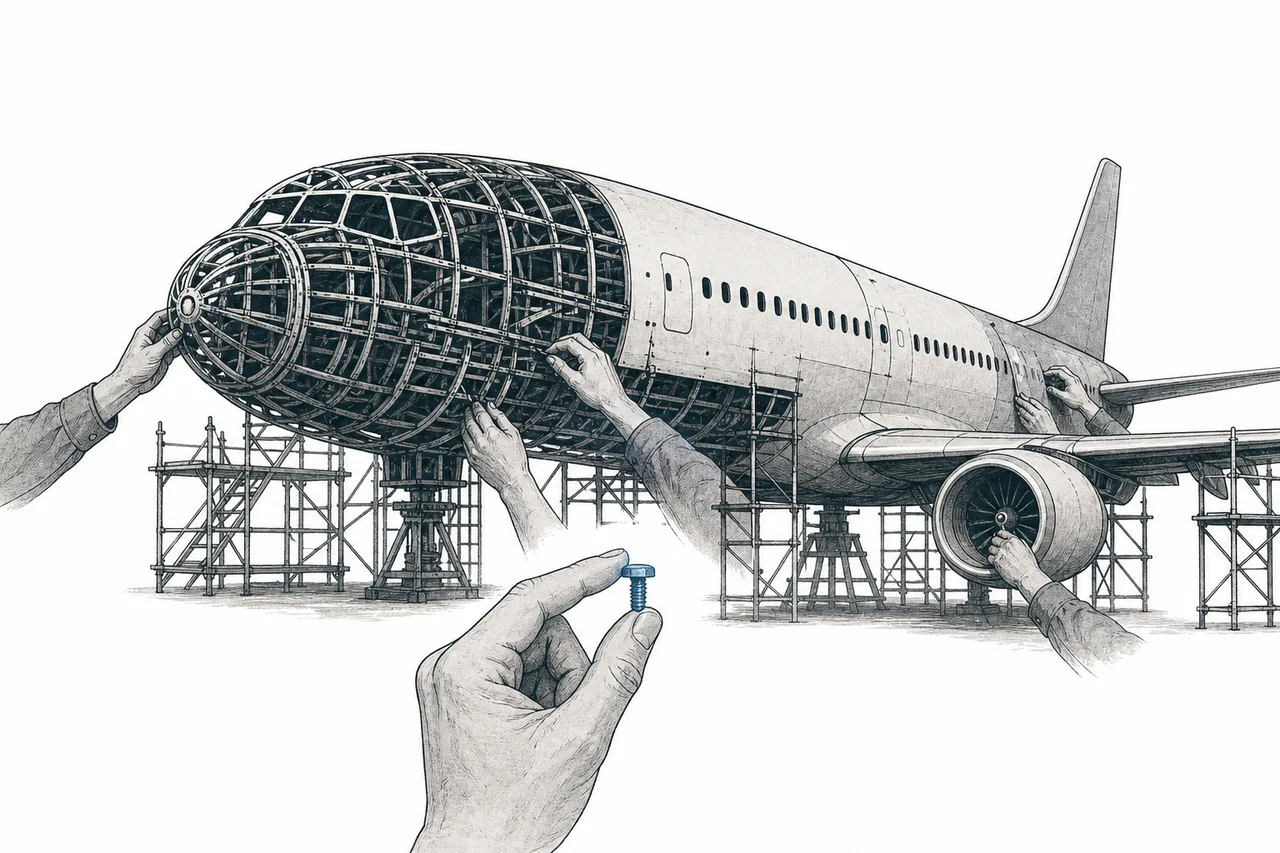 An aircraft being carefully reassembled after a crisis, with a craftsman's hands fastening each piece meticulously