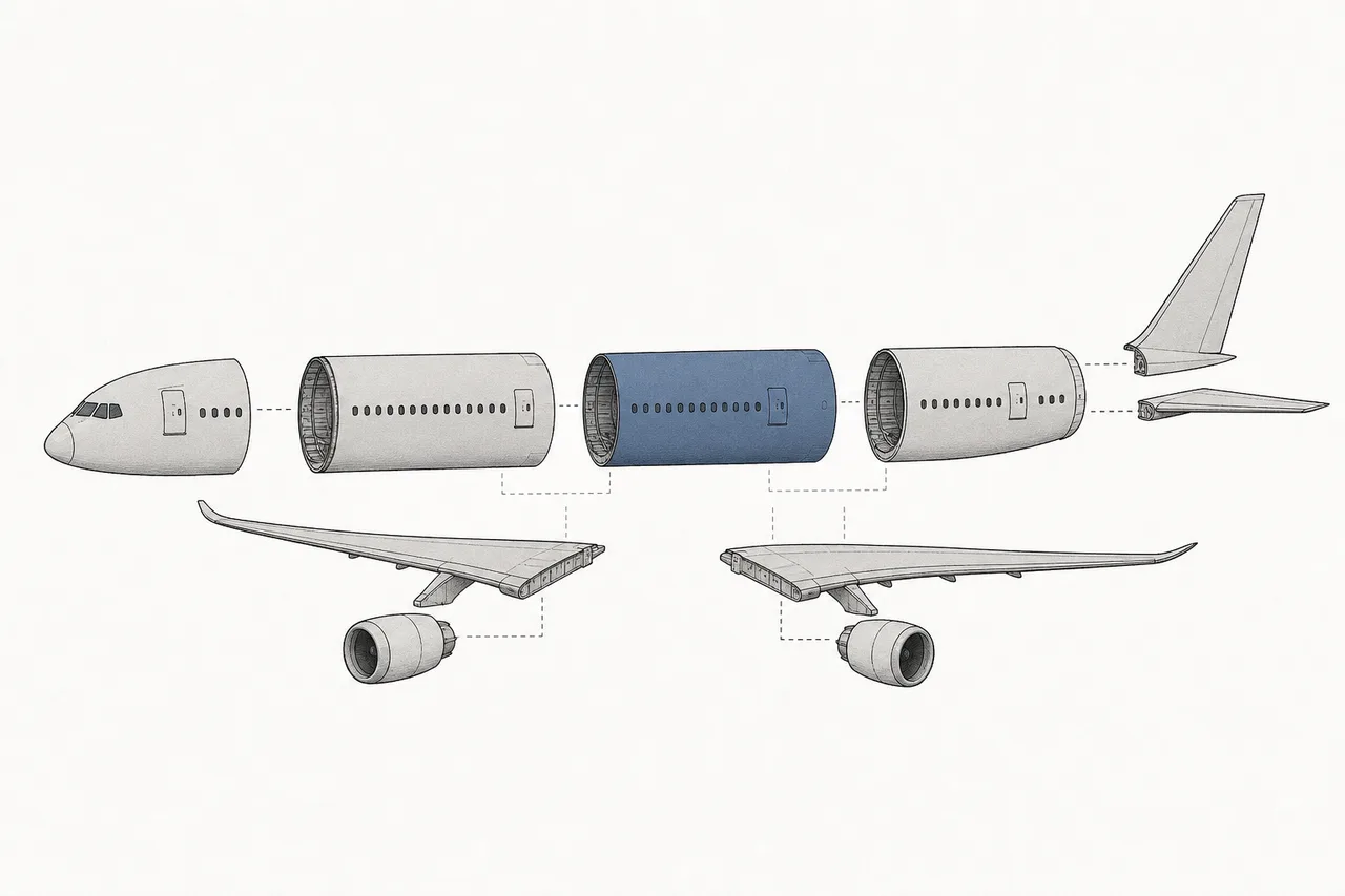 An airplane broken into its separate parts, floating in mid-air. Each part (fuselage, wings, tail, nacelle) comes from a different factory around the world.