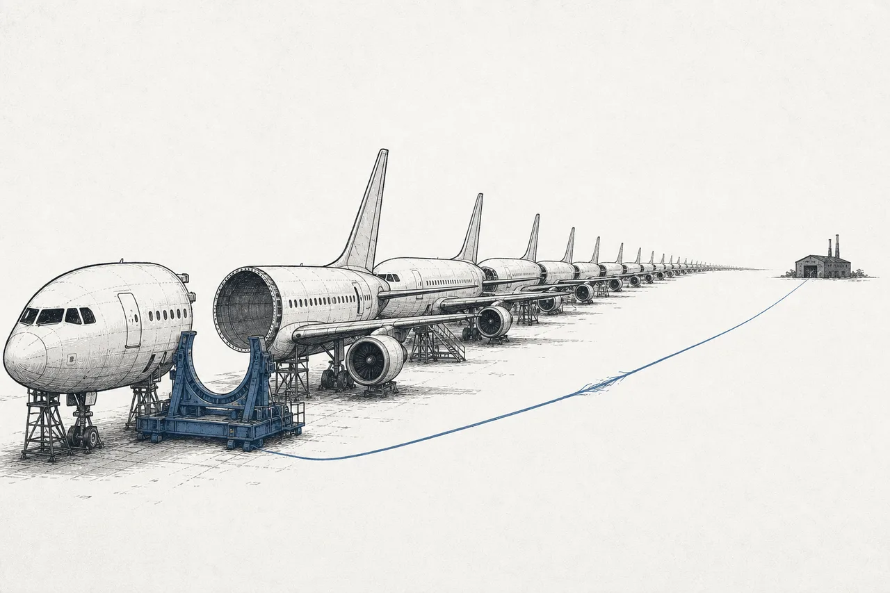 A whole airplane sitting idle, waiting for a single fuselage part from a single supplier. The thinnest link in the chain is where it breaks.