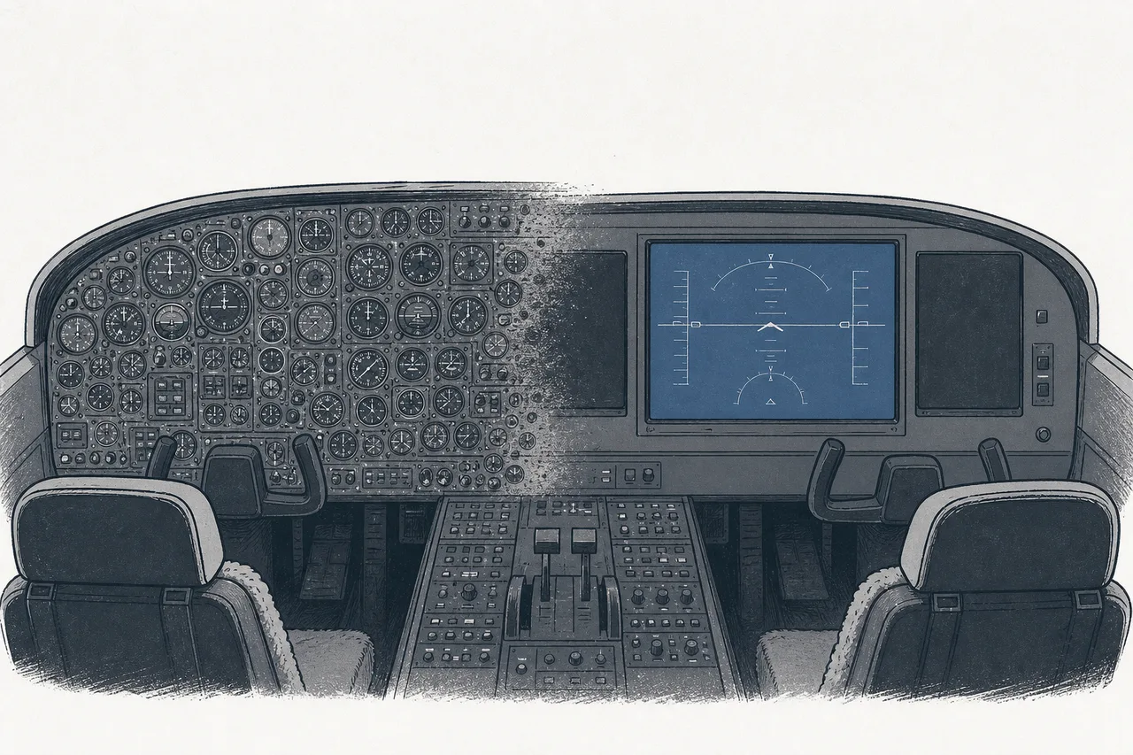 A glass cockpit where several large displays sit edge to edge as a single panel, replacing dozens of old needle gauges.
