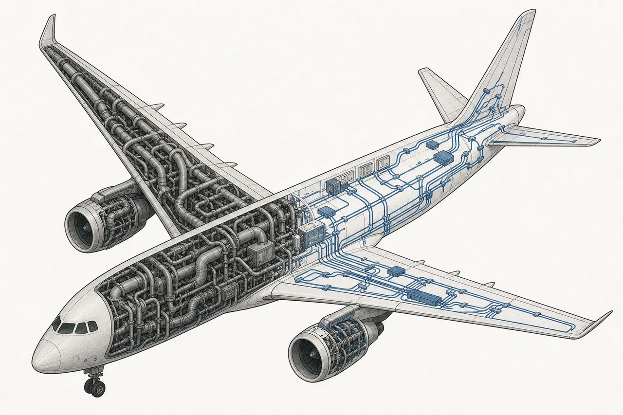 An aircraft where the old hydraulic and air lines are gradually replaced by glowing electrical lines running throughout the body.