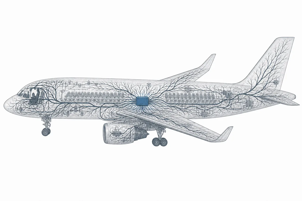 A cockpit where displays and signal lines spread out across the whole aircraft like a living thing's nervous system, with the flight computer standing out at the center.