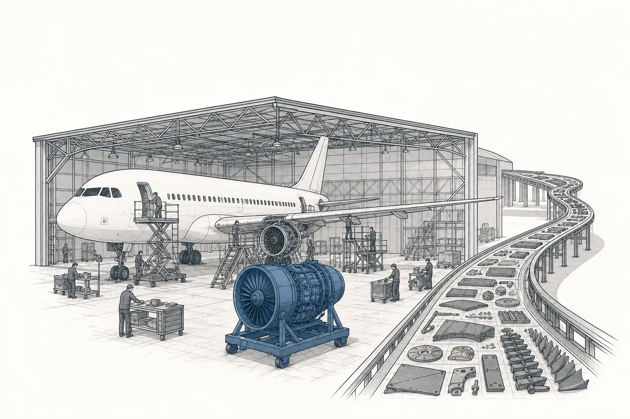 A single airplane returns to the maintenance hangar again and again over its decades-long life, with a mechanic's hands offering parts and tools toward an engine that's been removed.