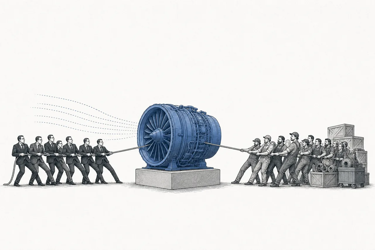 An engine maker and an independent shop maneuvering against each other, each pulling engines and flight data toward themselves.