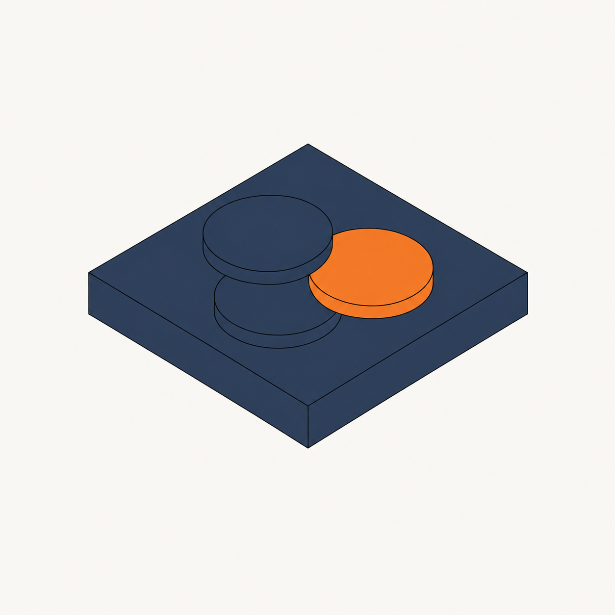 Isometric navy block tile with three offset crypto coin discs, one in orange.